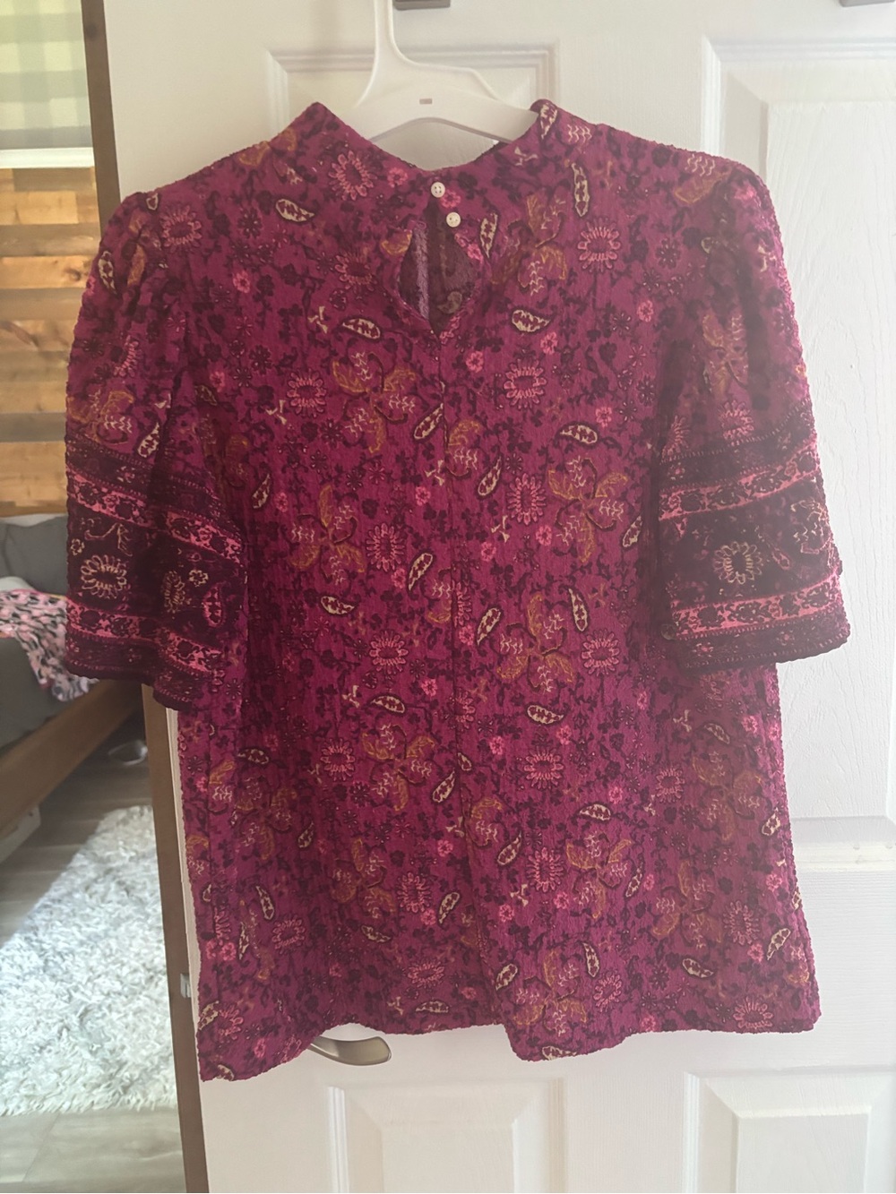 LOFT Fuchsia Paisley Short-Sleeve Textured Top - Picture 7 of 7